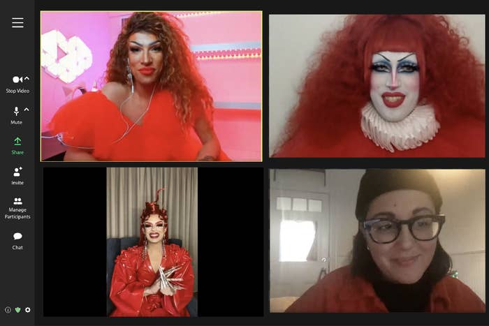 screenshot of video call with 3 queens