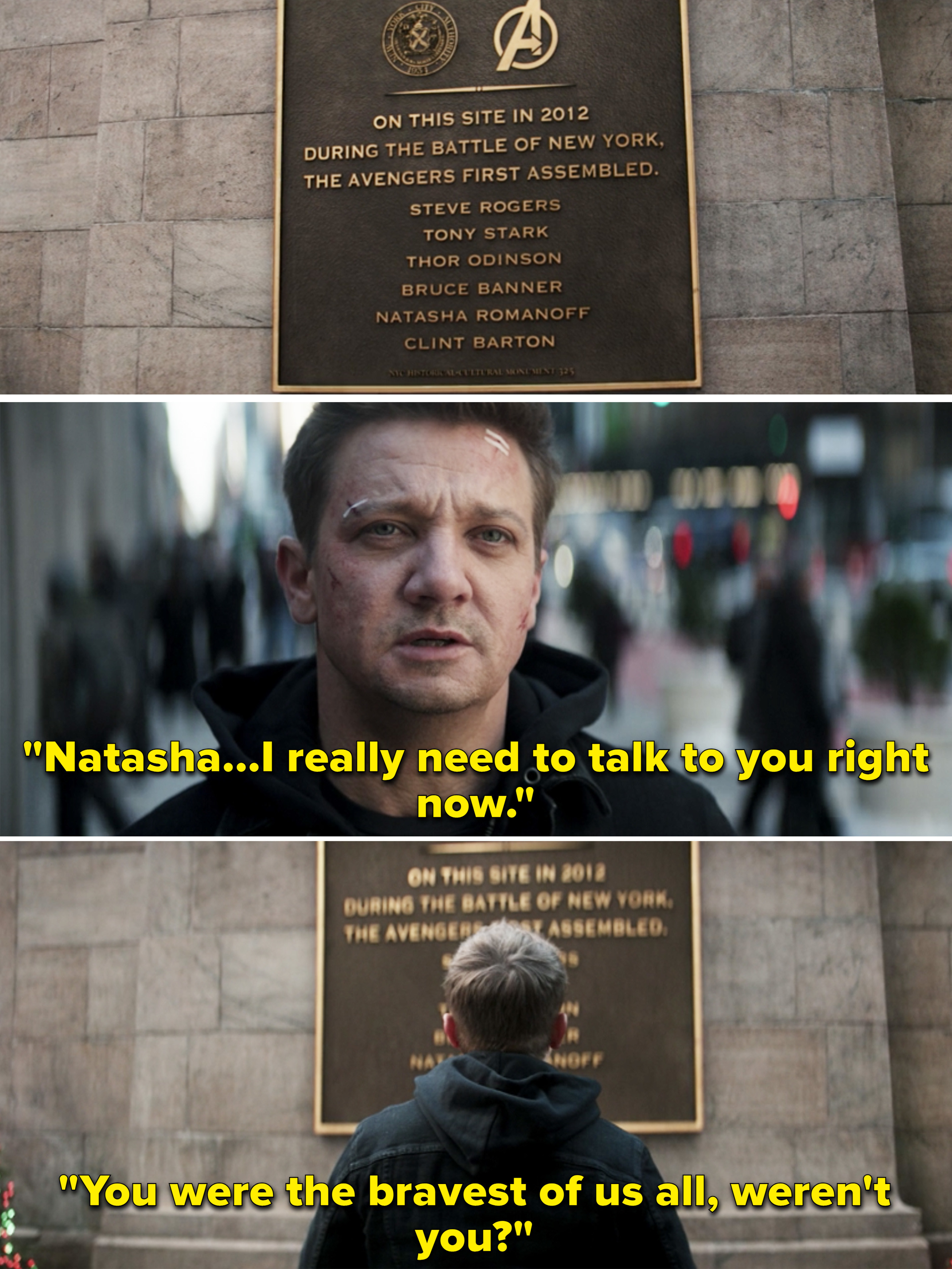Clint saying, &quot;Natasha, I really need to talk to you right now. You were the bravest of us all, weren&#x27;t you?&quot;