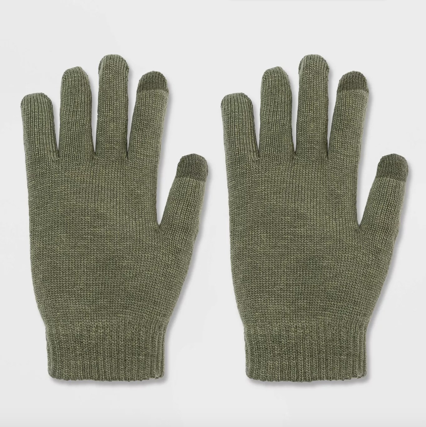 There are two olive gloves with touch-screen compatible fingers on the the thumb and pointer