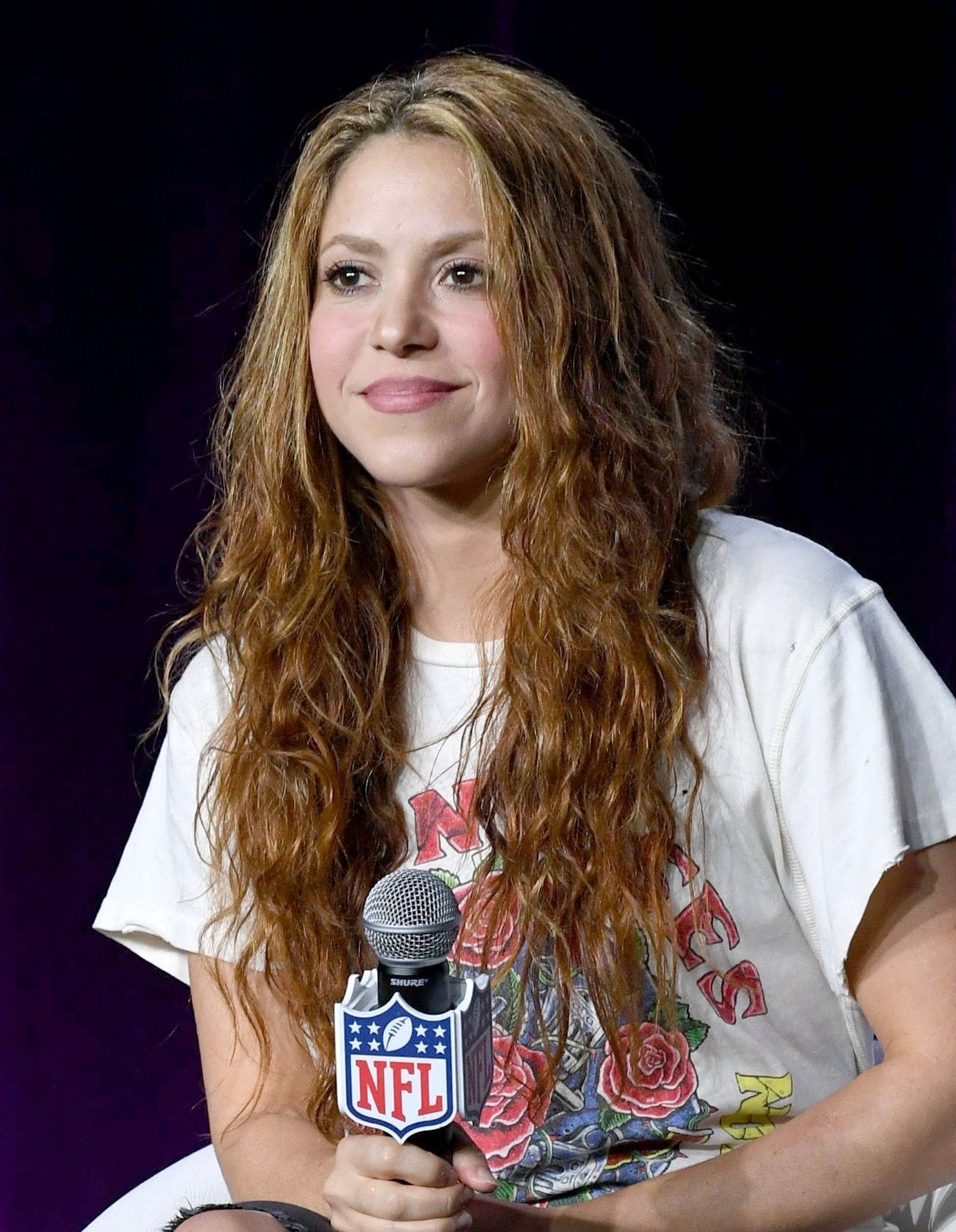 Shakira at a press conference for the LIV Superbowl Halftime Show