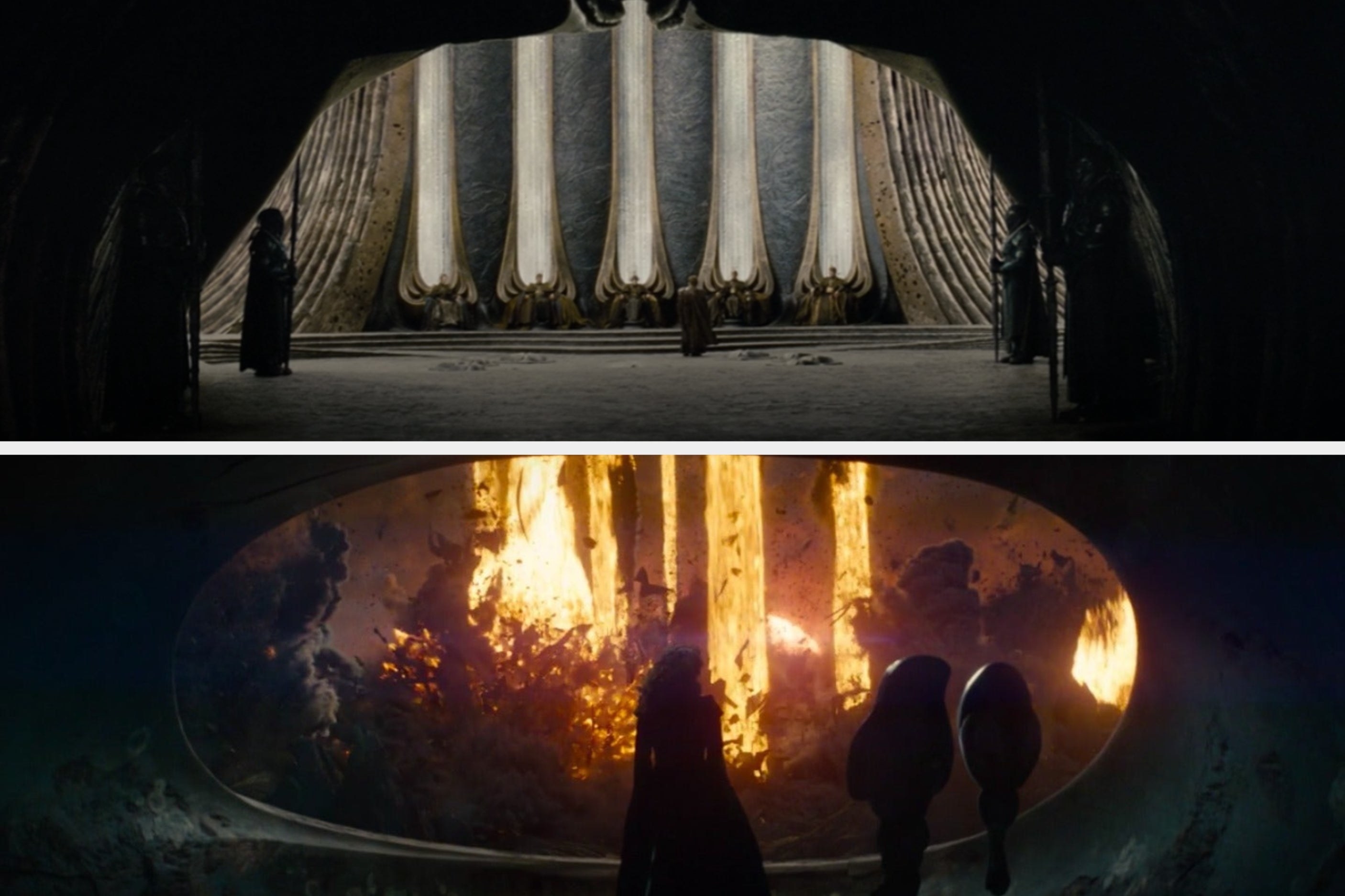 (Top) Shot of the throne room for the Kryptonian Supreme Council in &quot;Man of Steel&quot;/Lara Lor-Van watching pillars of fire shoot into the sky in &quot;Man of Steel&quot;