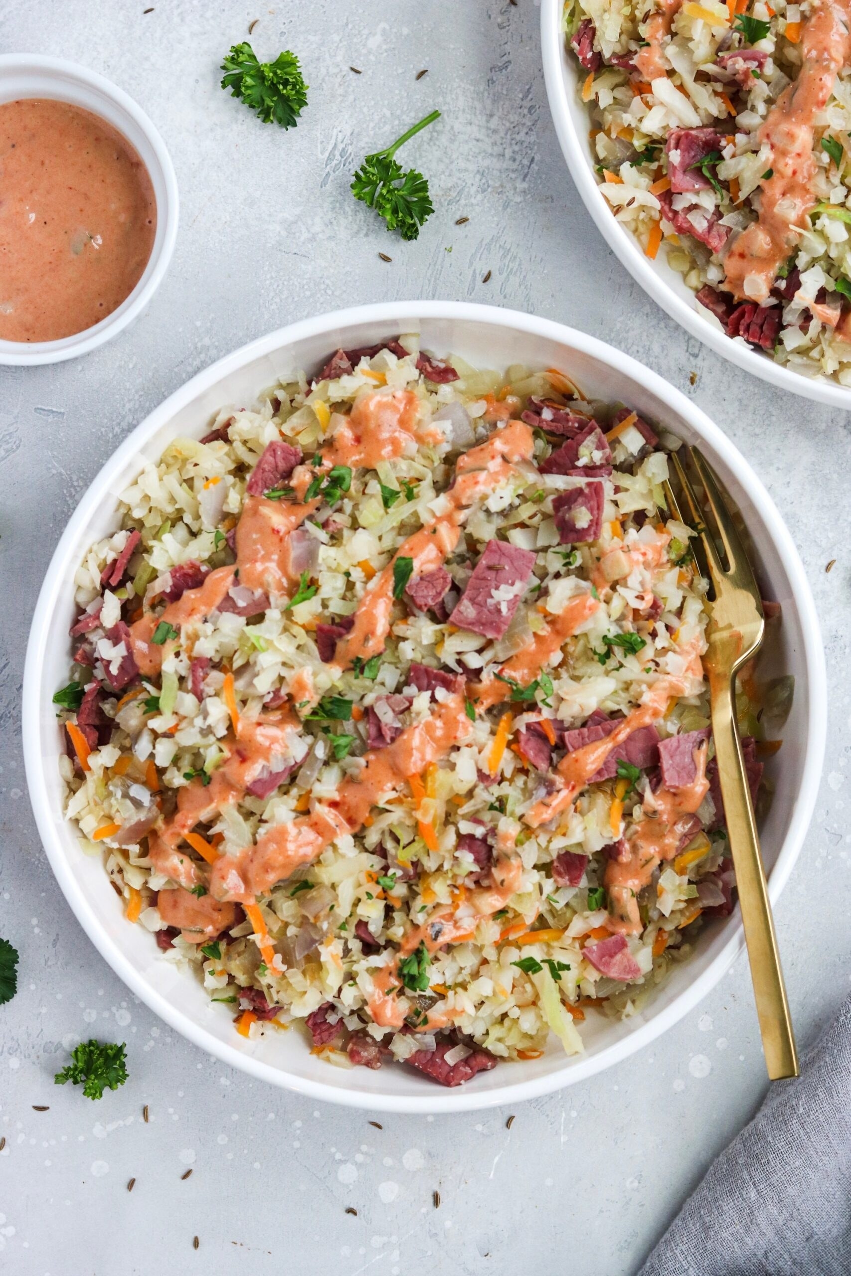 A keto cauliflower rice Reuben bowl.