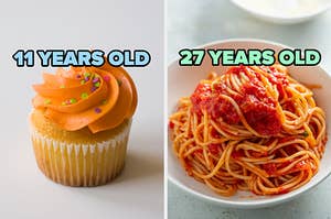 On the left, a vanilla cupcake topped with sprinkles labeled 11 years old, and on the right, some spaghetti with marinara sauce labeled 27 years old