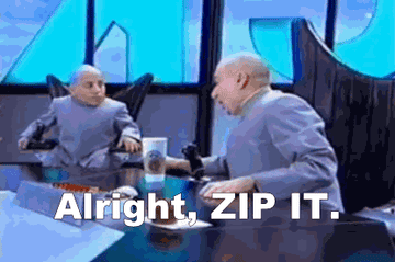 Austin Powers in blue suit says zip it to Mini-Me