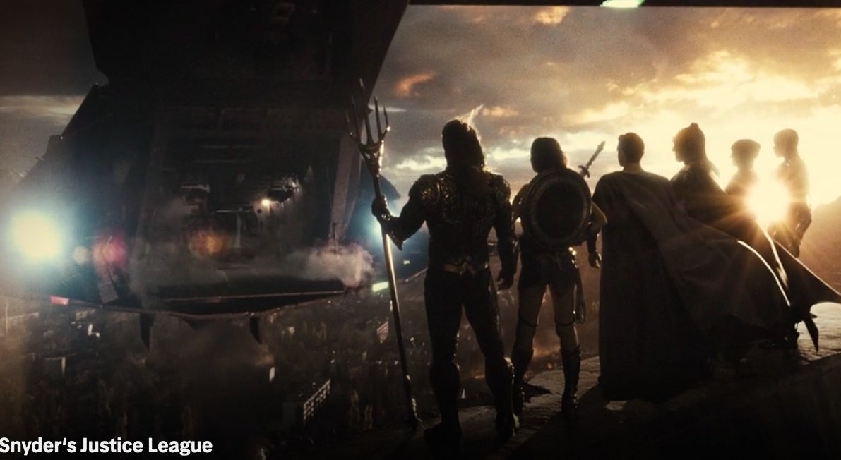 The Justice League standing in the sunlight with the Flying Fox hovering in front of them in &quot;Zack Snyder&#x27;s Justice League&quot;