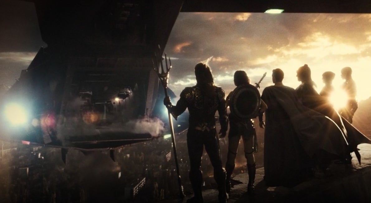 The Justice League standing in the sunlight with the Flying Fox hovering in front of them in &quot;Zack Snyder&#x27;s Justice League&quot;