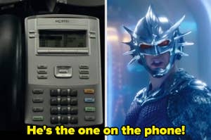 A close-up of a telephone in "Batman v Superman: Dawn Justice"/Orm in his Ocean Master armor in "Aquaman"