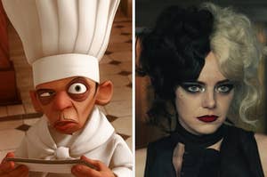 On the left, Chef Skinner from Ratatouille, and on the right, Emma Stone as Cruella de Vil