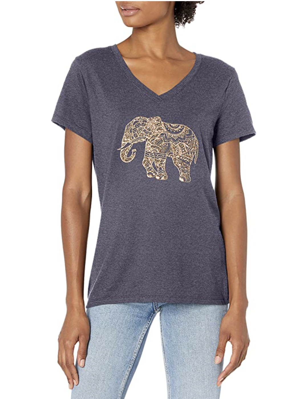 Camiseta de manga corta con cuello en V y elefante estampado