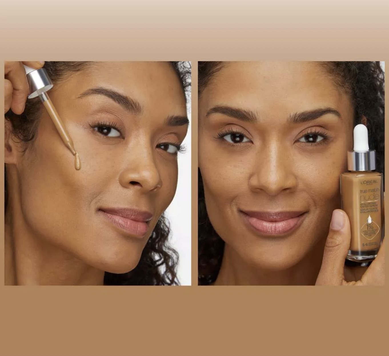 A person showing before and after images with the tinted serum