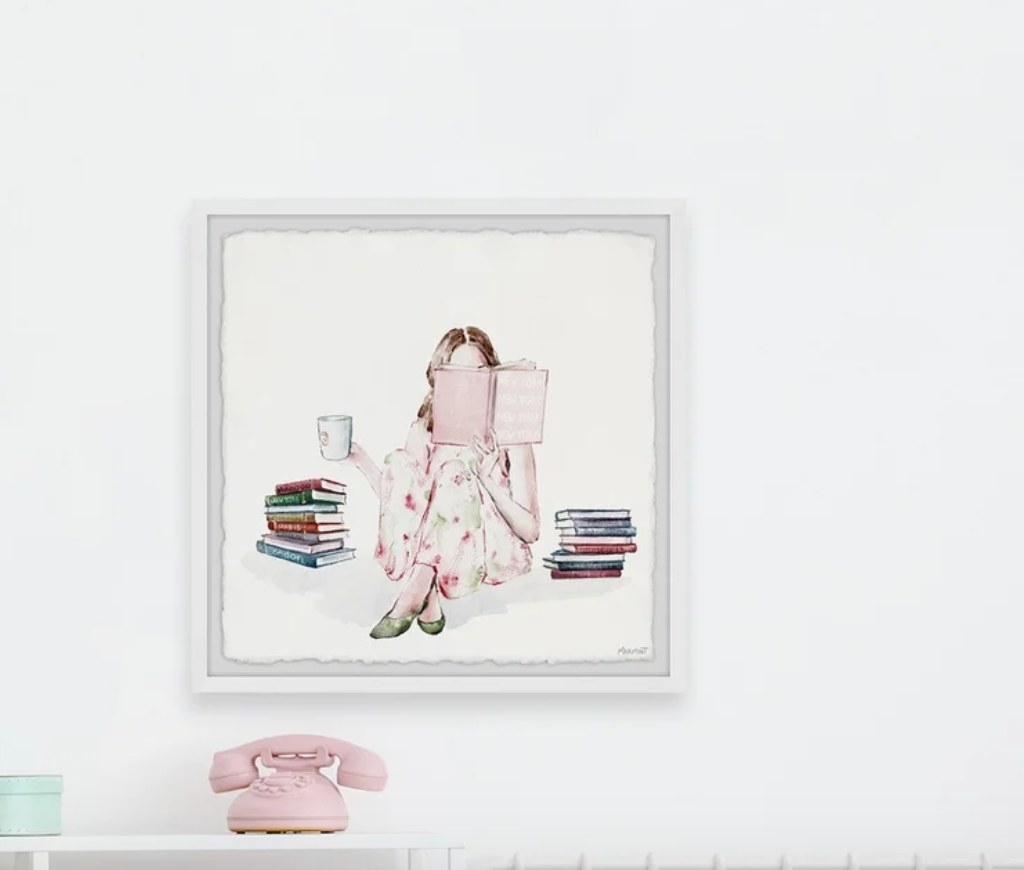 the painting of a girl reading surrounded by a stack of books