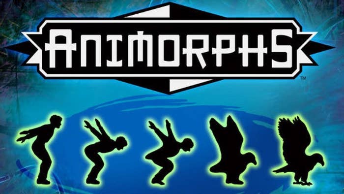 Animorphs logo over a graphic of a kid morphing into a bird