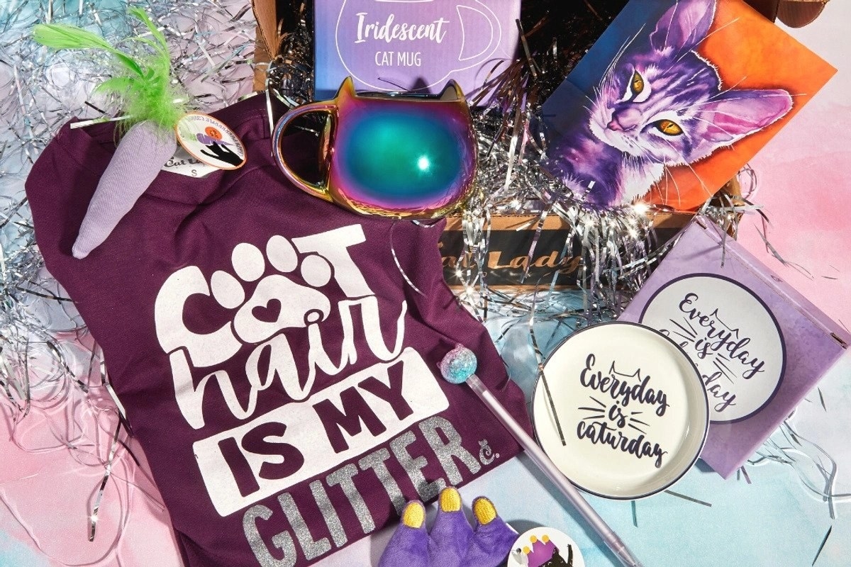 the cat lady subscription box that has a cat graphic t shirt that reads cat hair is my glitter and other fun cat themed products