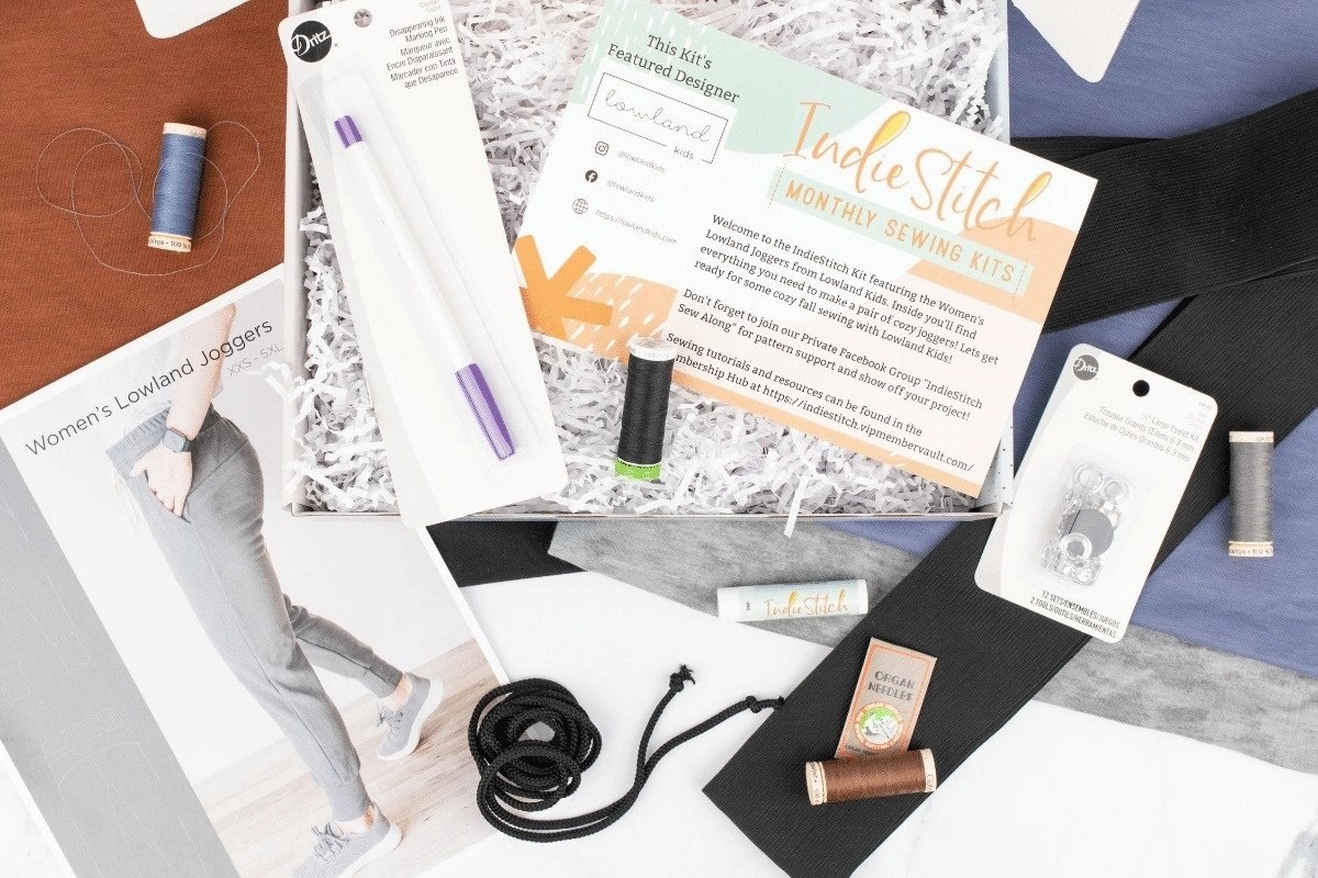the indie stitch subscription box that has sewing tools and thread