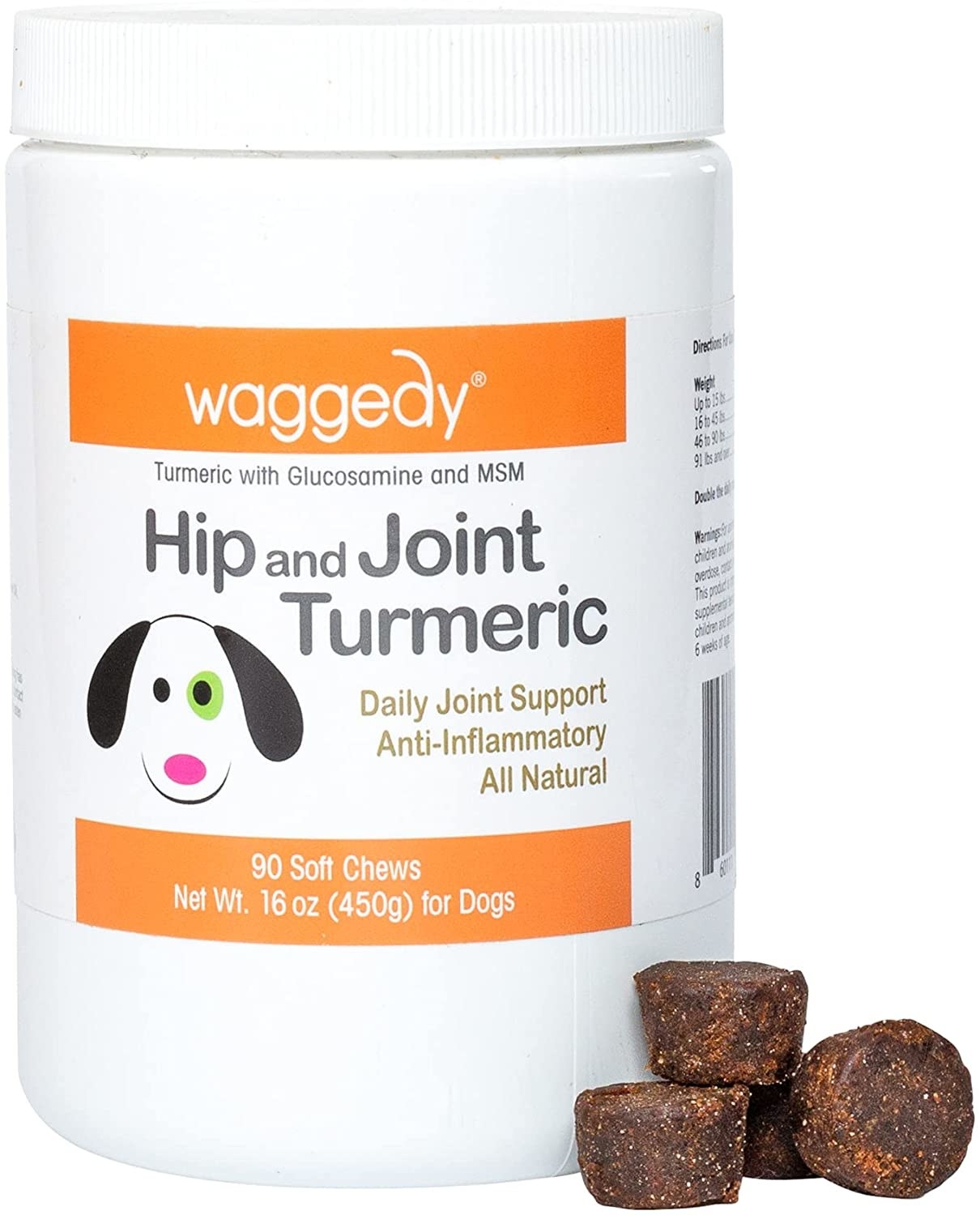 A tub with the product label, &quot;Hip and Joint Turmeric&quot;, and four treats next to it