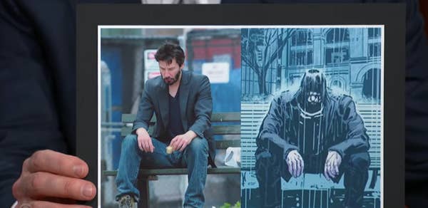 The Sad Keanu photo and the comic book image side-by-side