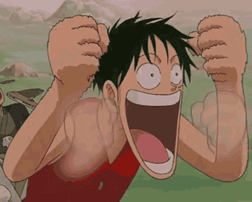 Luffy ferociously cheering pumping his fists up and down