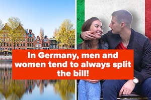 side-by-side image of Amsterdam skyline and a couple embracing in front of a flag