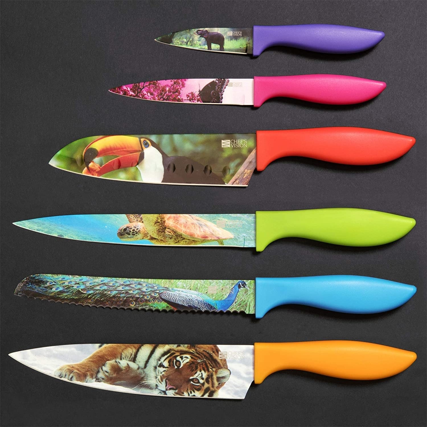 a flatlay of the kitchen knives printed with wildlife imagery