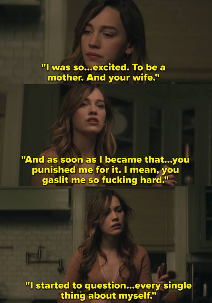 Love Quinn stands in her kitchen sharpening a butcher knife while wearing a v-neck knit sweater