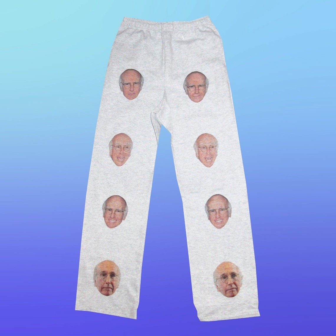 sweatpants with various larry david faces on them