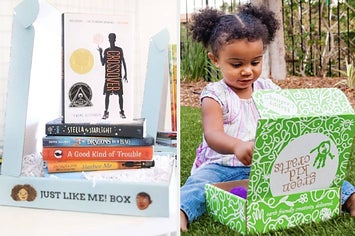 a just like me subscription box filled with books and a child opening a subscription box
