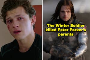 Peter Parker in "Spider-Man: Far From Home" crying and The Winter Soldier holding a gun in "Captain America: The Winter Soldier"