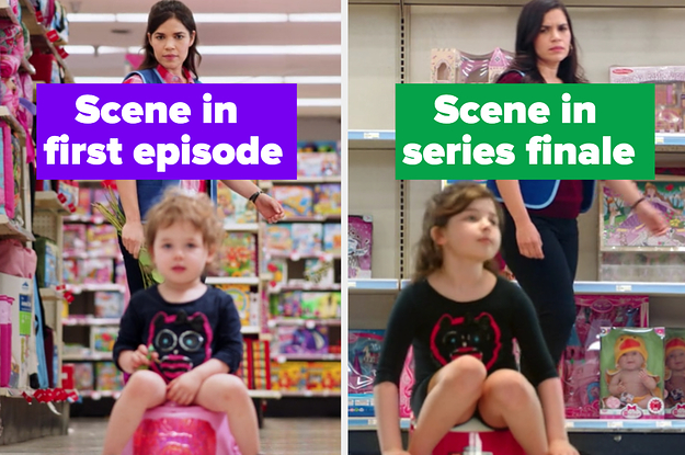 Amy from "Superstore" walking passed a little girl sitting in an aisle alone in both the series pilot and finale