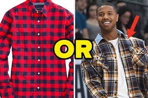 A plaid shirt is on the left with "or" written in the center and Michael B Jordan on the right wearing flannel