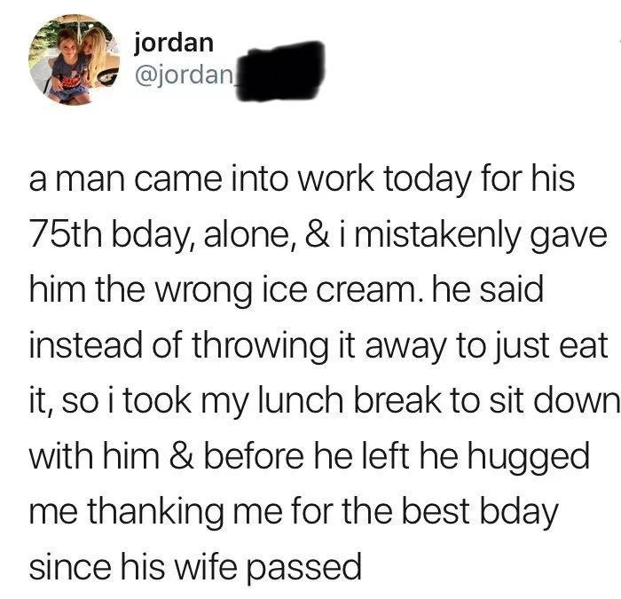 old man celebrating his birthday with a stranger because his wife passed