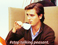 A man lifts a teacup to his lips and the screen says #stoptalkingpeasant