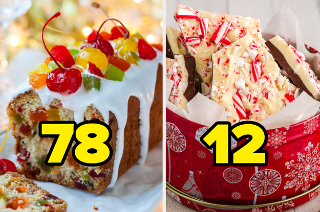 Fruitcake labeled "78" and peppermint bark labeled "12"