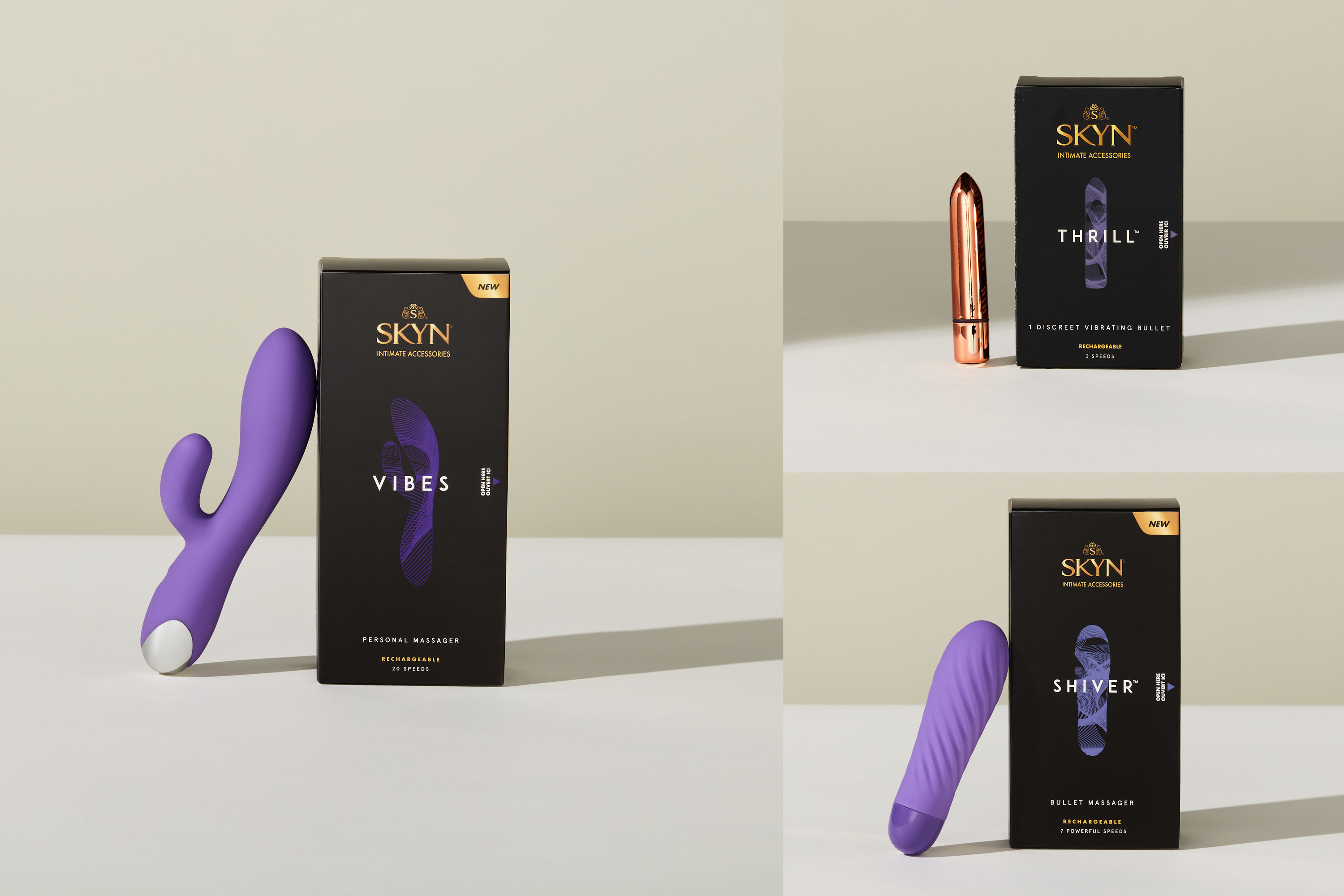 Skyn Vibes, Thrill, and Shiver personal massagers.
