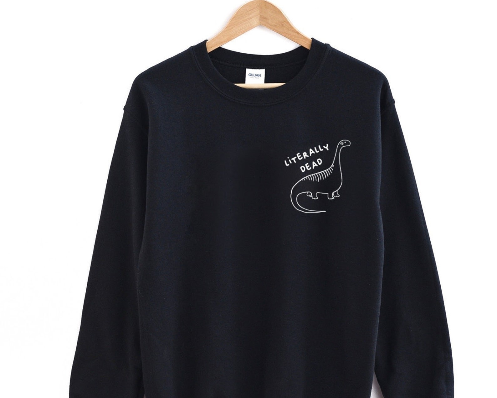 The black sweatshirt printed with a dinosaur and text: literally dead