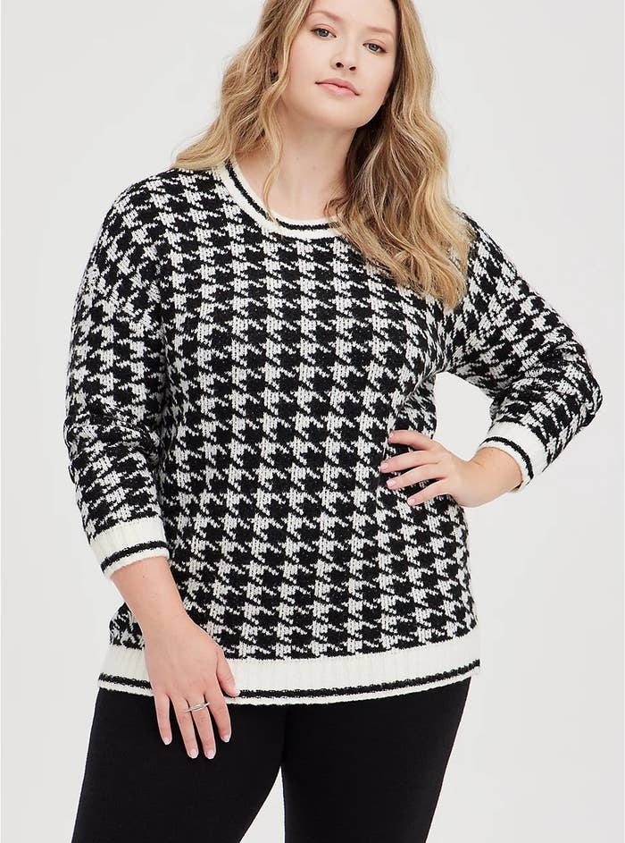 Model wearing the houndstooth sweater