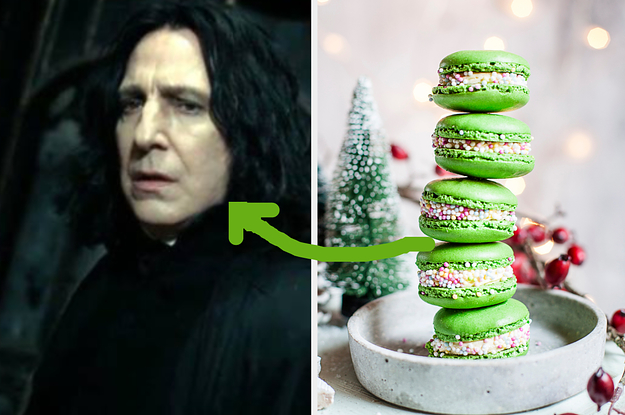 A close up of Severus Snape as he looks concerned and a tower of green macarons