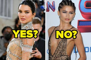 Kendall Jenner wears a high-neck crystal studded dress and Zendaya wears a thin strap deep v-neck sheer gown