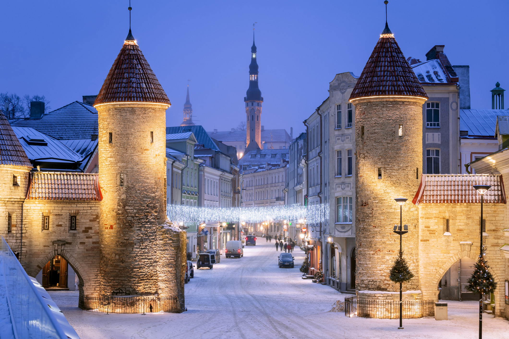 Snowfall in a European town