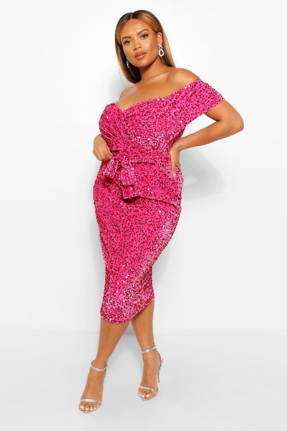 Model wearing sequin pink dress
