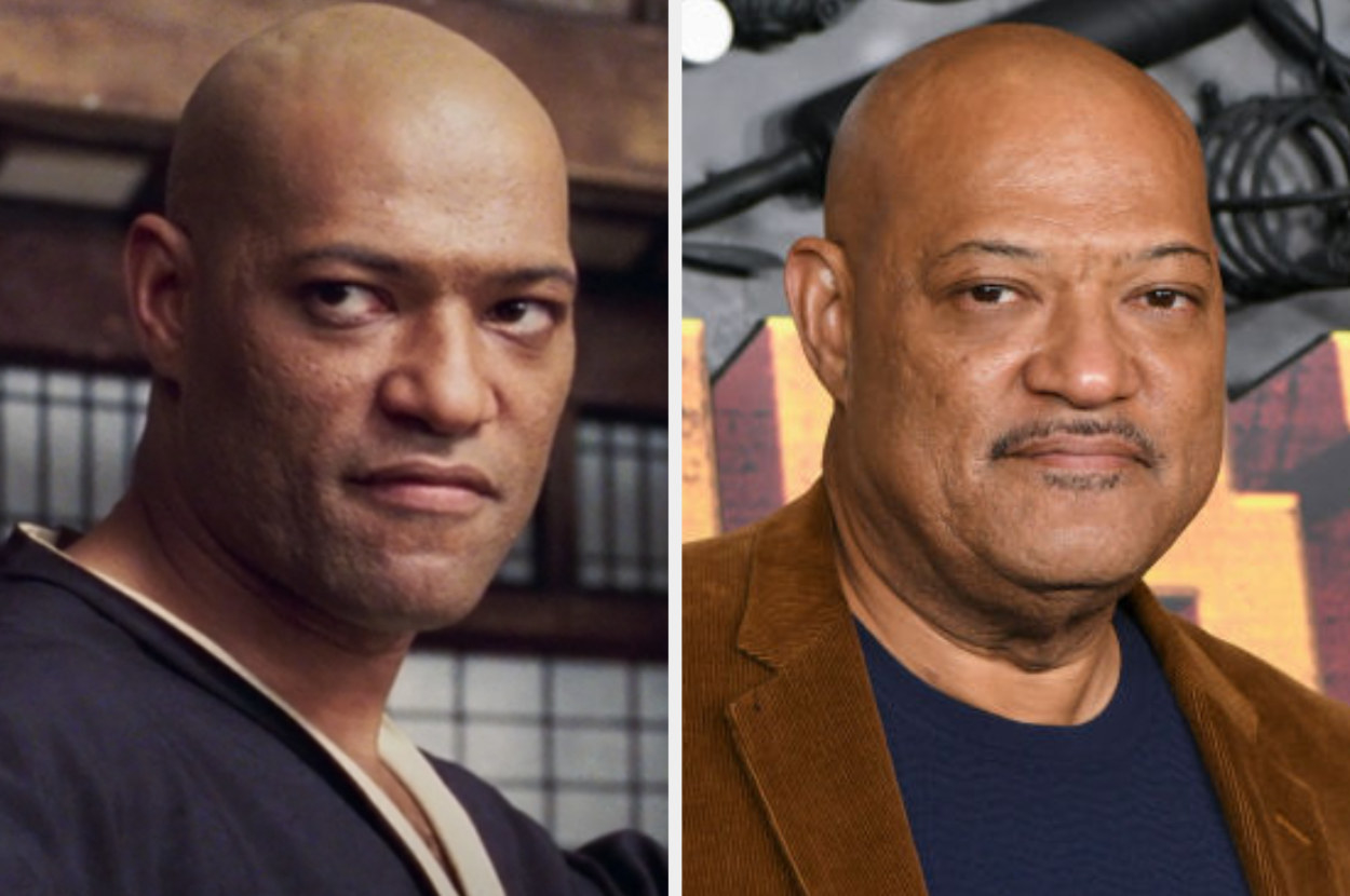 Laurence Fishburne as Morpheus in 1999 and Laurence Fishburne now on the Red Carpet with a thin mustache, but the same bald head