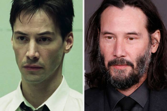 Keanu in 1999 in the Matrix with short hair, looking series, Keanu now on the red carpet at an event with longer hair and a beard