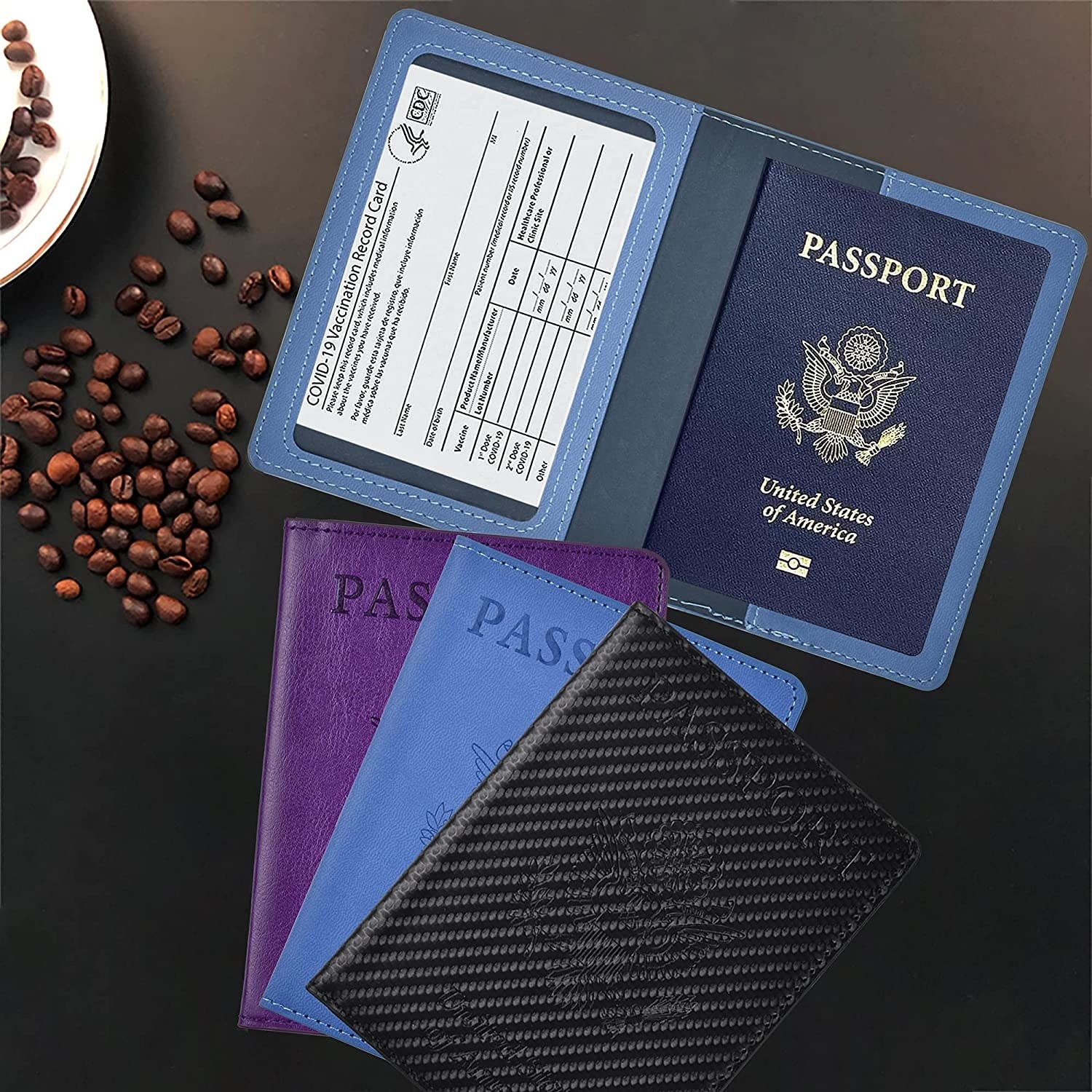 Passport and vaccine card in blue holder