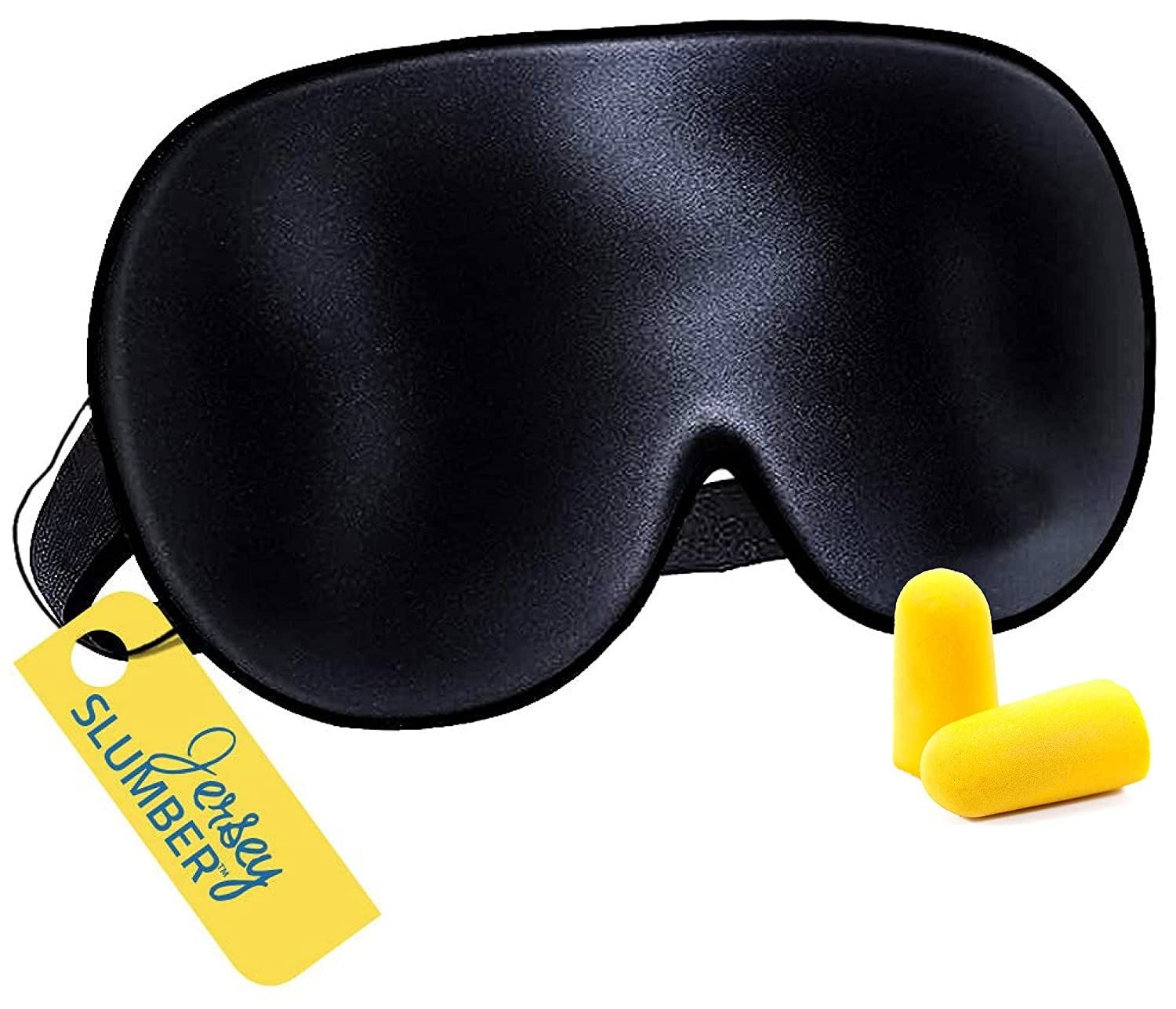 black sleeping mask and yellow earbuds