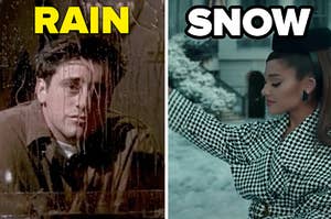 Joey is on the left labeled, "rain" with Ariana Grande is on the right labeled, "Snow"