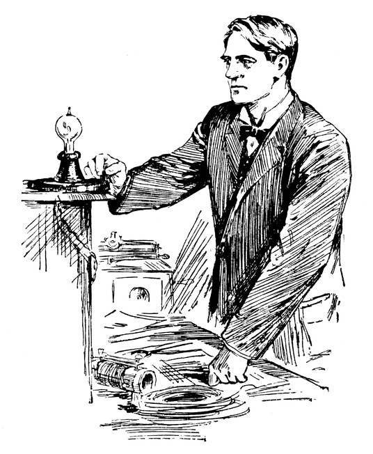 drawing of Thomas Edison with a light bulb