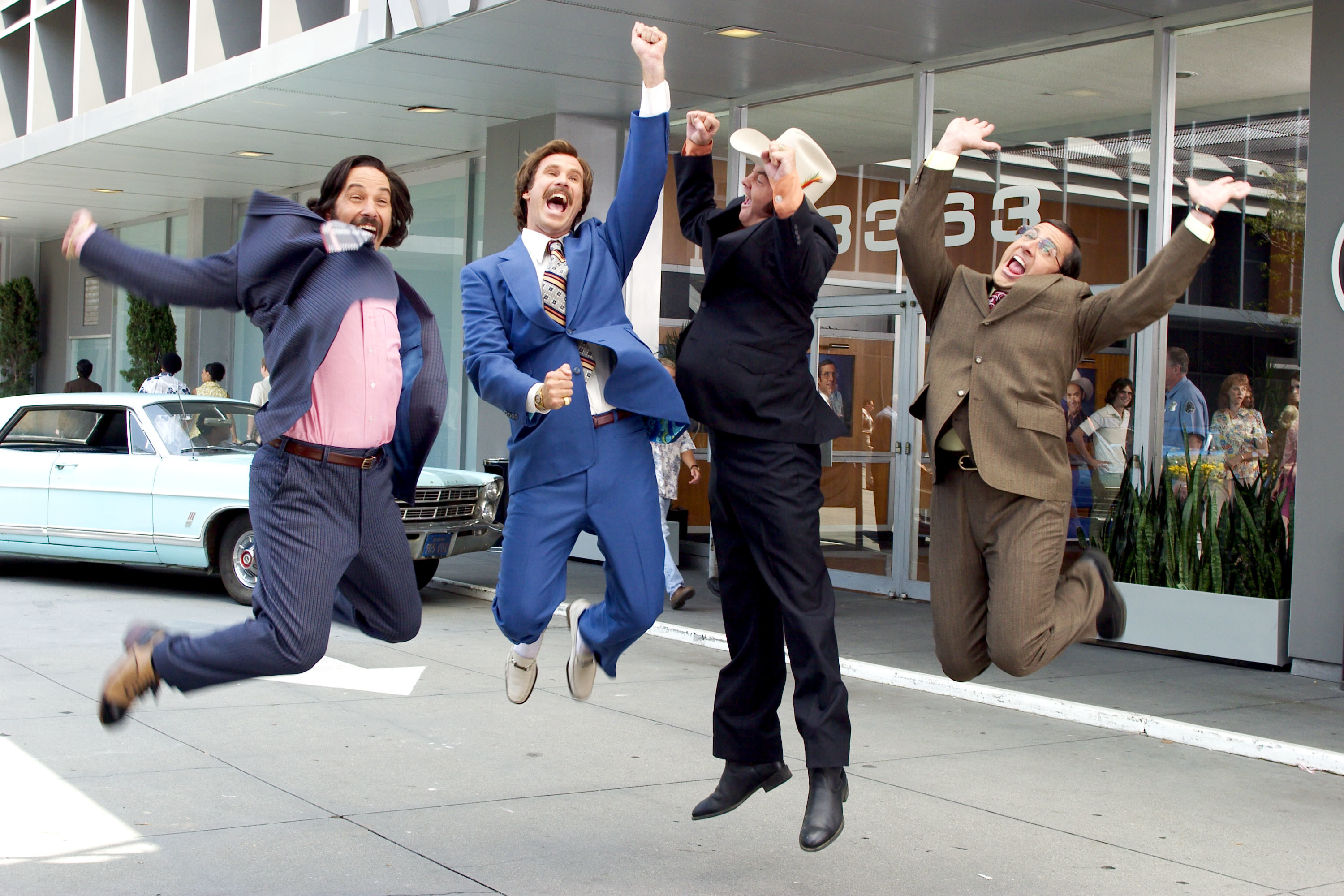 Paul Rudd, Will Ferrell, David Koechner, and Steve Carell jumping in the air