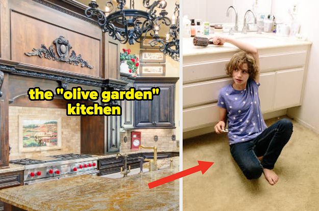 The "Olive Garden" kitchen, and a picture of a young girl sitting on a carpeted bathroom floor