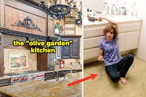 The "Olive Garden" kitchen, and a picture of a young girl sitting on a carpeted bathroom floor