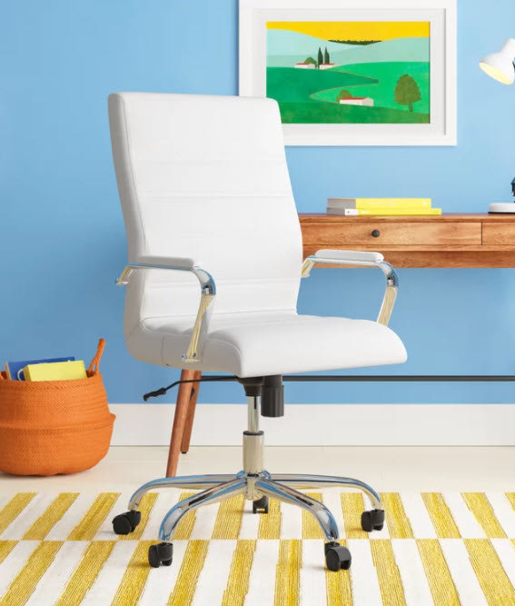 An ergonomic swivel chair with wheels and comfortable arm rests and metal legs. Has a high-back and is leathersoft.