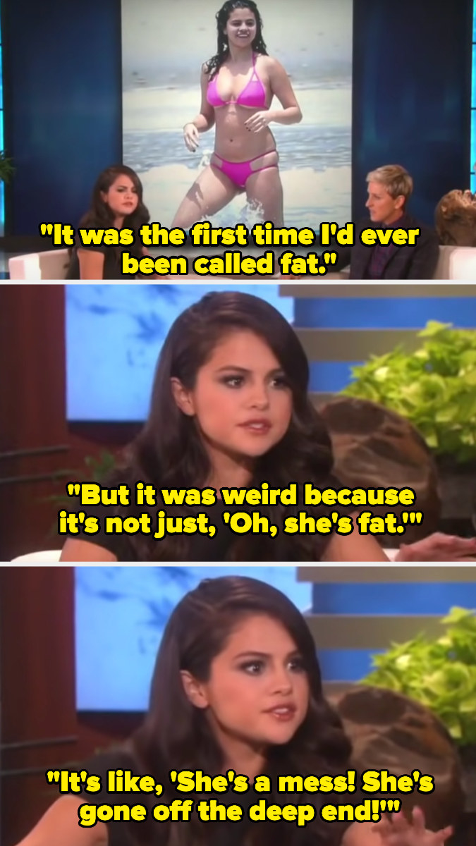 Selena talking with Ellen Degeneres with a picture of her in a bikini behind them and the words &quot;It was the first time I&#x27;d ever been called fat&quot;